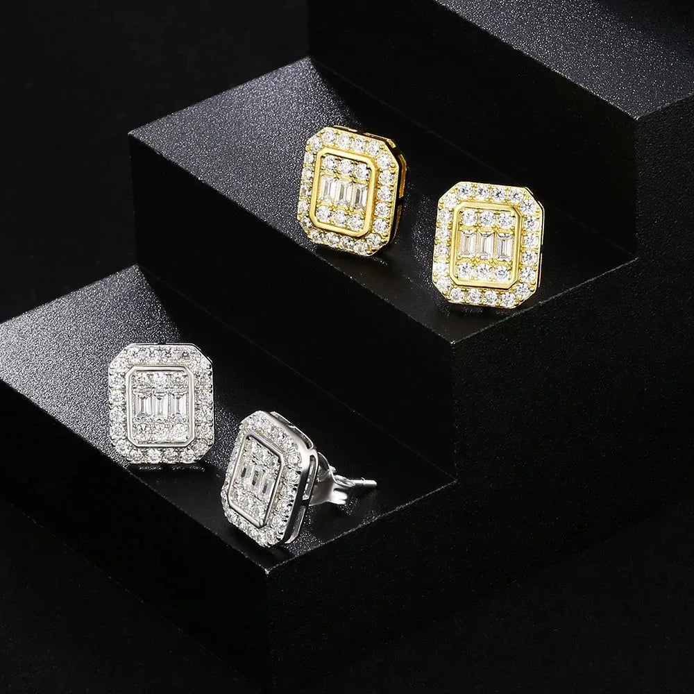 Hip Hop Punk Iced Out Zircon Stud Earrings for Men Women Gold Color Shiny Crystal Ear Accessories Hippie Fashion Jewelry OHE143