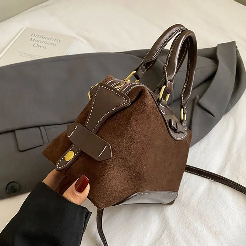 New Retro Frosted Tote Bag Boston Bag Pu Suede Women'S Shoulder Crossbody Bag Commuter Bag
