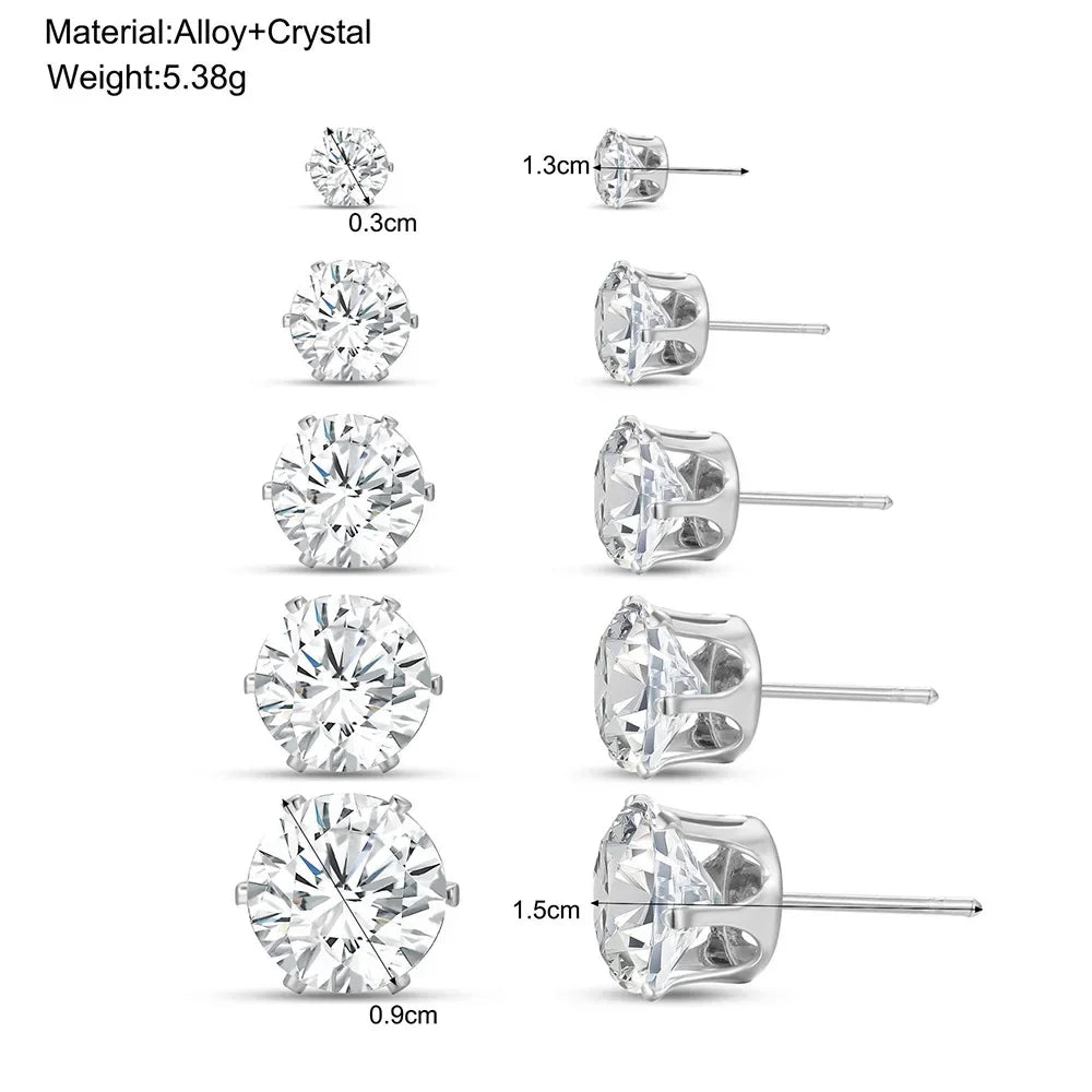 5 Pairs Zircon Stud Earrings Set For Women Men Fashion Gold Silver Color Earring Unisex Ear Piercings Jewelry Gift