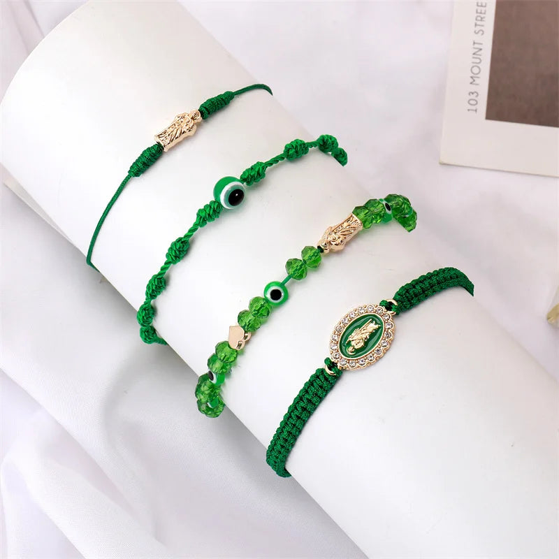 4Pcs Mexican Braclets Virgin Mary San Judas Bracelet For Women Girls Red String Evil Eye Green Beads Anklets Jewelry Gift
