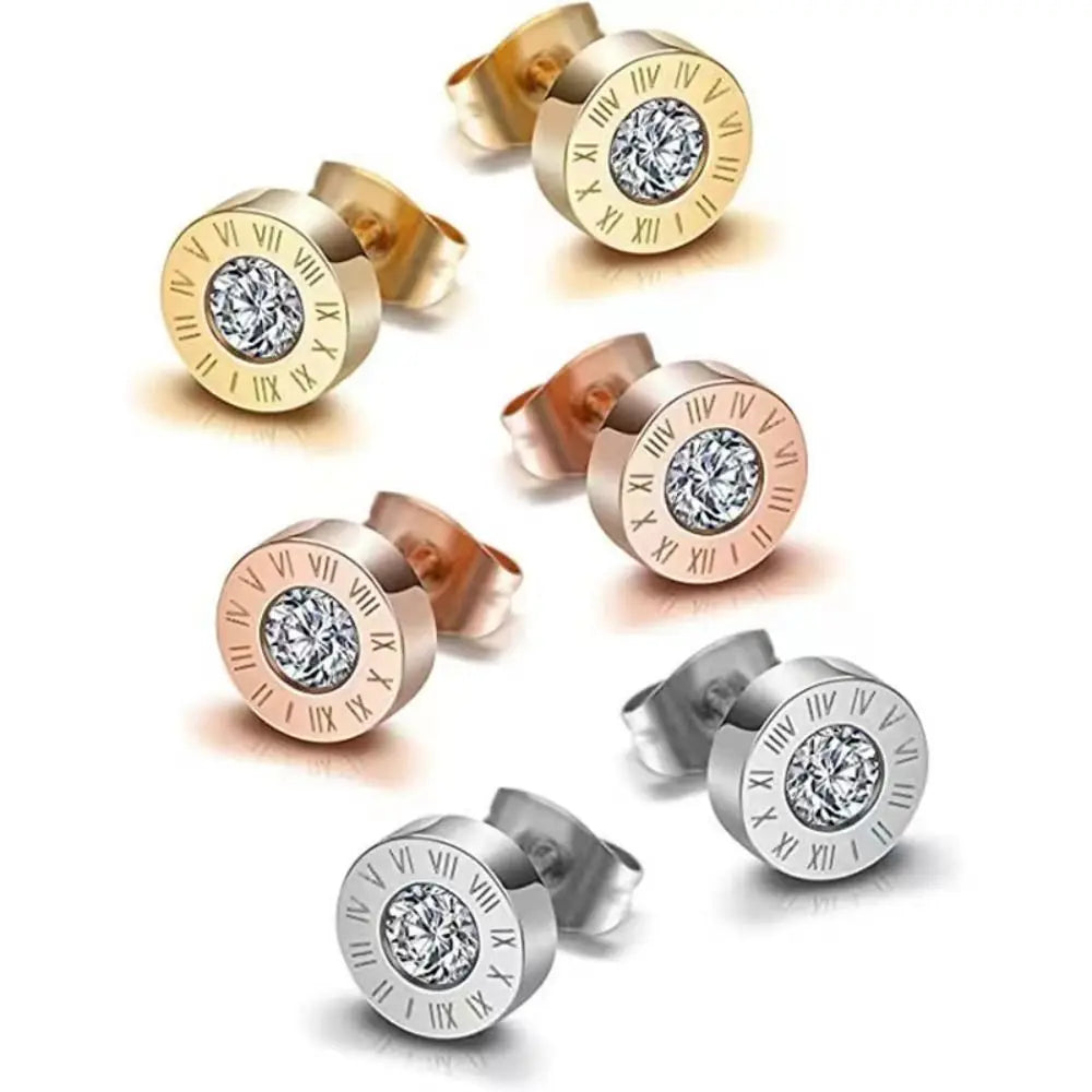 Zircon Roman Numerals Stud Earrings Jewelry Punk  Stud Earrings For Men Hiphop Stainless Steel Ear Accessories Jewelry Gift