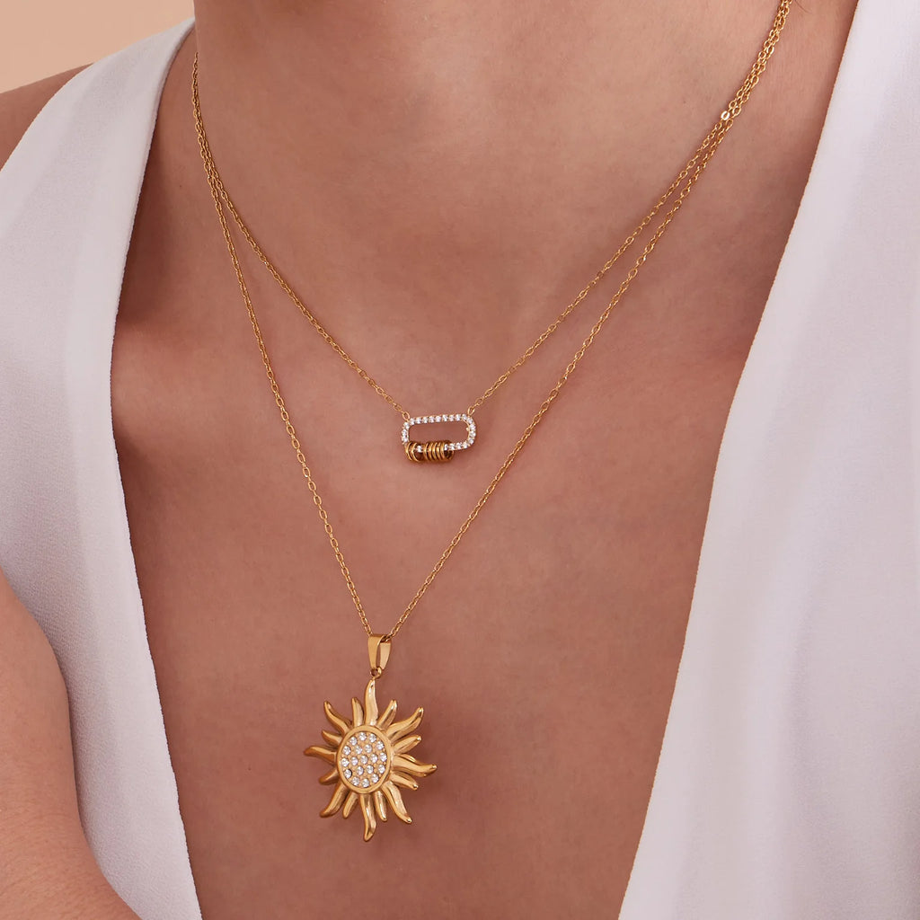 Liora Delicate Zircon Sun Oval Pendant Stainless Steel Chain Necklaces For Women Wedding Charm Neck Drop Choker Women Jewelry