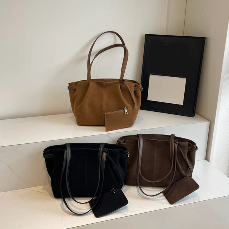 Suede Shoulder Bags for Women Large Capacity Totes Lightweight Underarm Bag Casual Shopper Handbag Solid Color Travel Bucket Bag