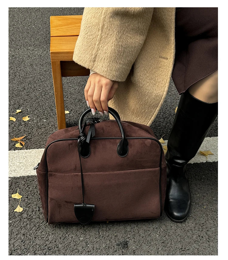 Faux Suede Taupe Retro Tote Bags for Women Solid Color Large Capacity Commuting Versatile Casual Shoulder Bag Classic Handbag