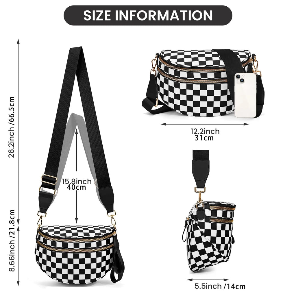 Spacious Black and White Checkered Crossbody Bum Bag, Spacious Design for Essentials Plus Size Friendly Strap 55"