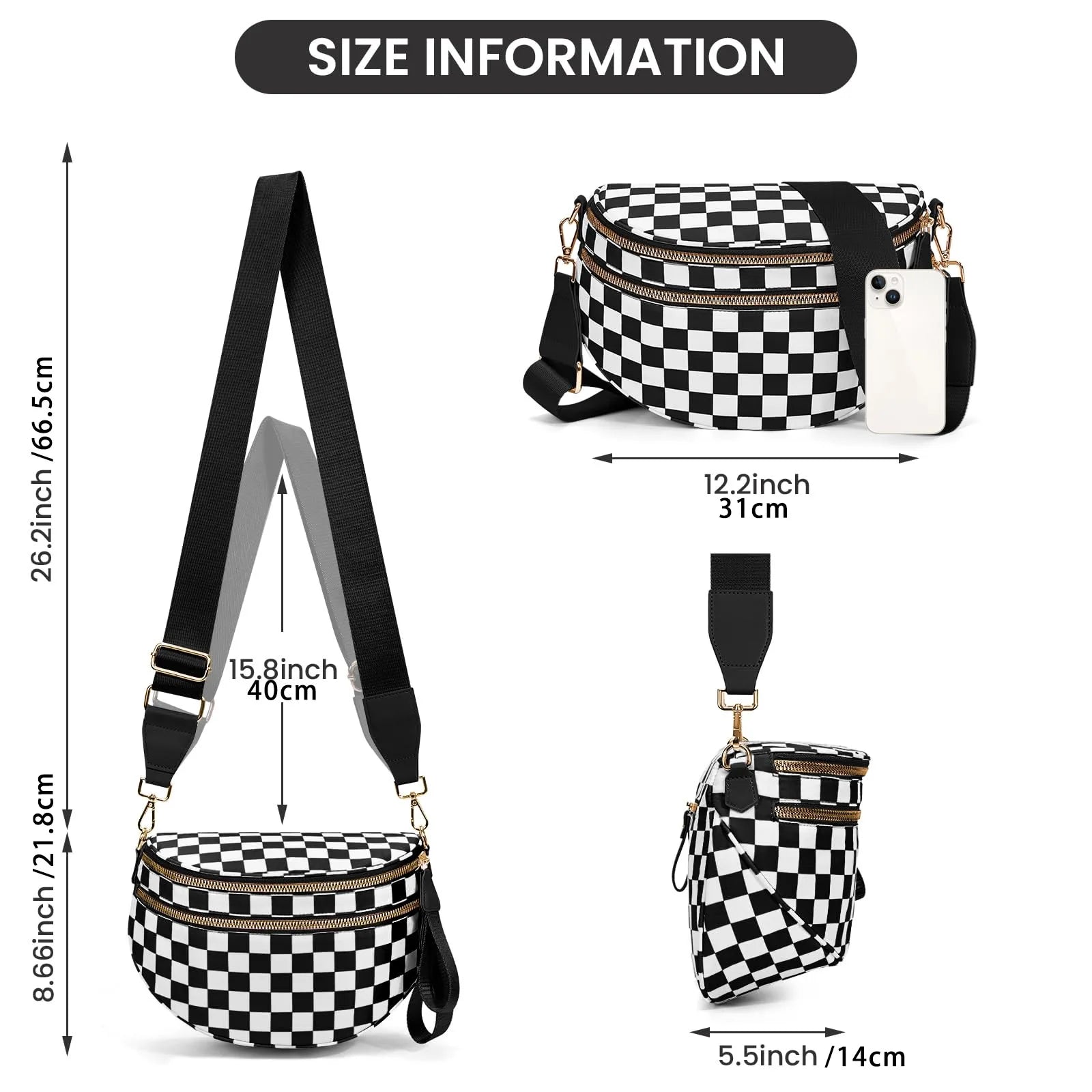 Spacious Black and White Checkered Crossbody Bum Bag, Spacious Design for Essentials Plus Size Friendly Strap 55"