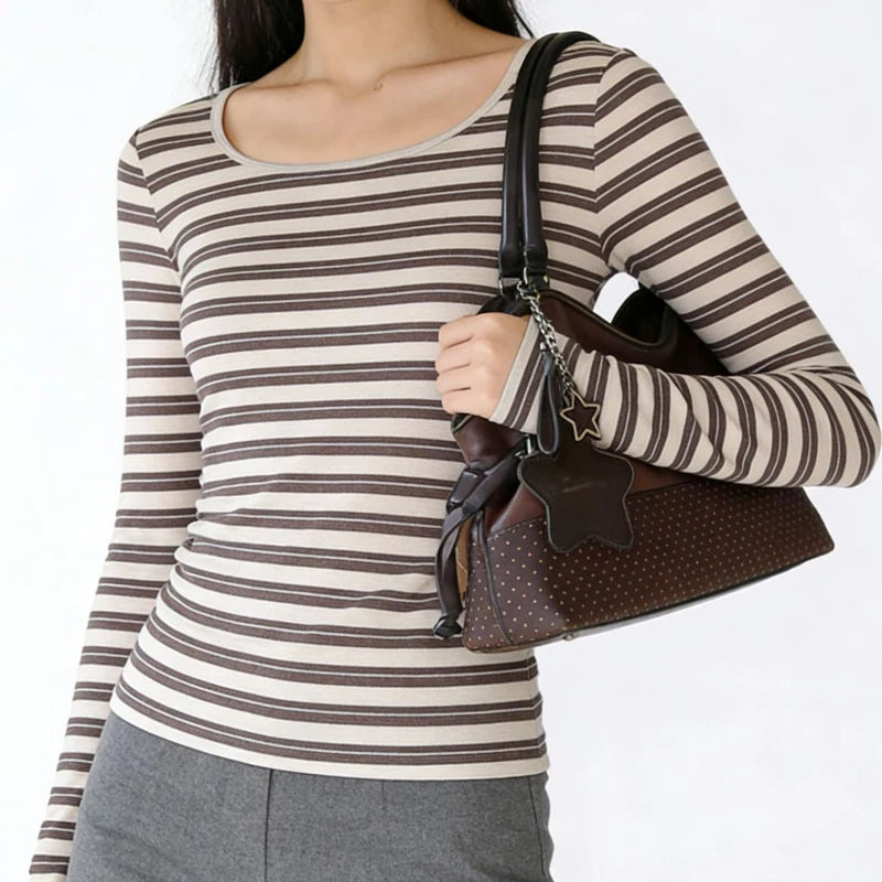 Polka Dot Suede Shoulder Bag Women Stylish Brown Slouchy Tote Drawstring Design Magnetic Buckle Underarm Bag With Star Pendant