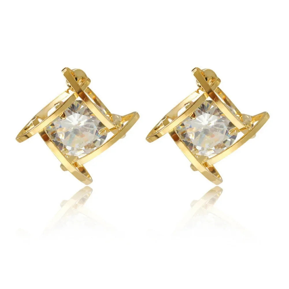Zircon Small Square Crystal Stud Earrings For Women Luxury Vintage Wedding Party Jewelry Gift