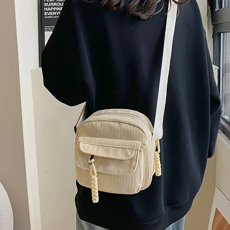 Corduroy Crossbody Bag for Women Casual Harajuku Style Zipper Closure Adjustable Strap Multi Pockets Polyester Lining Beige