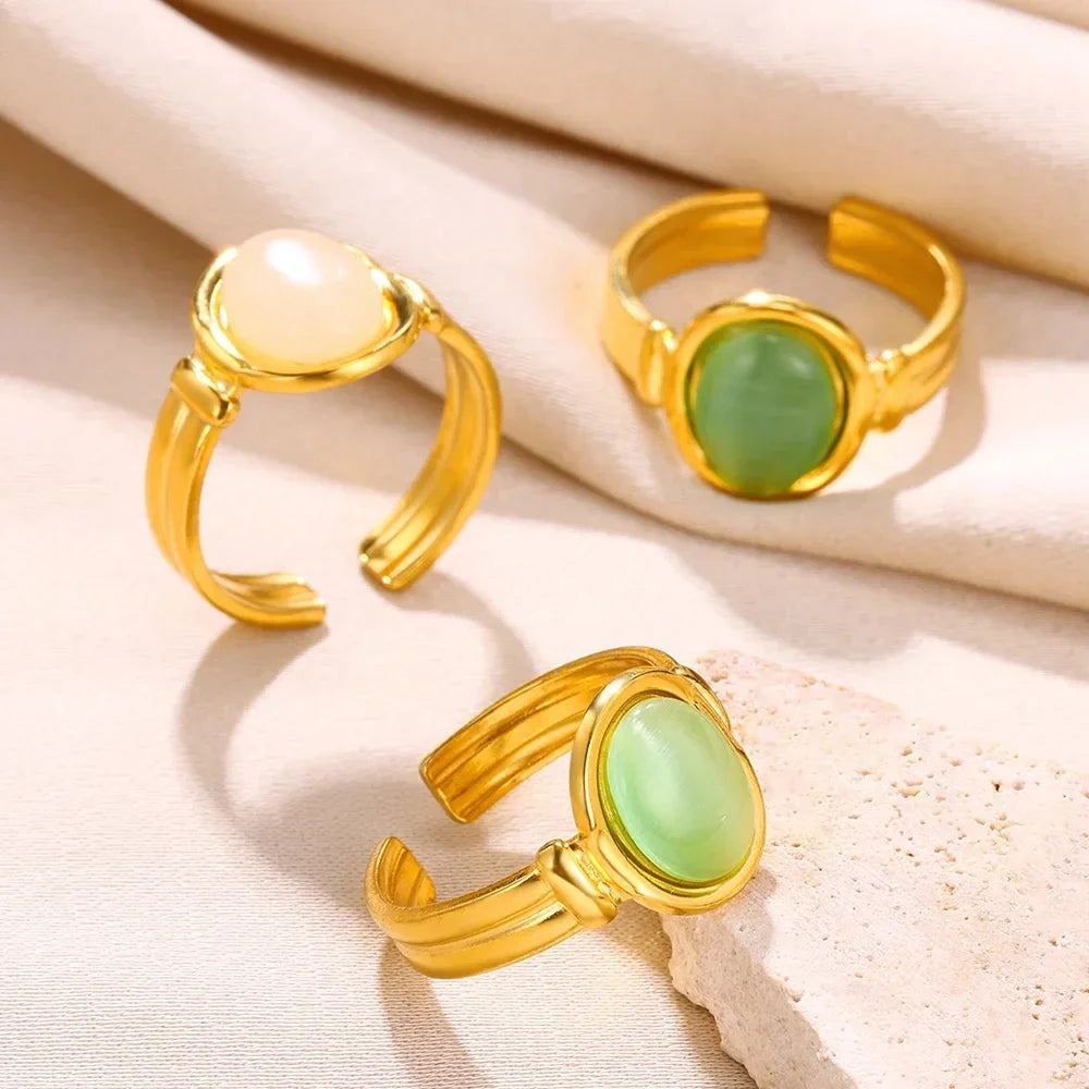 Luxury Oval Opal Rings For Women Fashion Geometric Stainless Steel Adjustable Natural Stone Sun Aesthetic Weeding Jewelry BFF