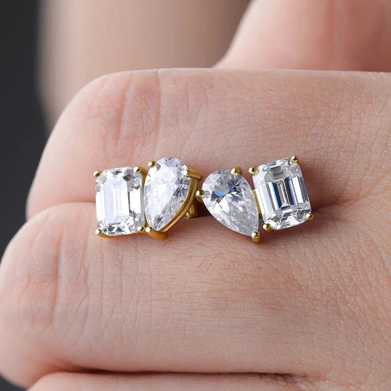 Rrjzz Stud Earrings for Women 5x7mm Emerald Cut&5x8mm Pear Cut Lab Created Cubic Zirconia 14K Gold Plated 2 Stone Jewelry Gift