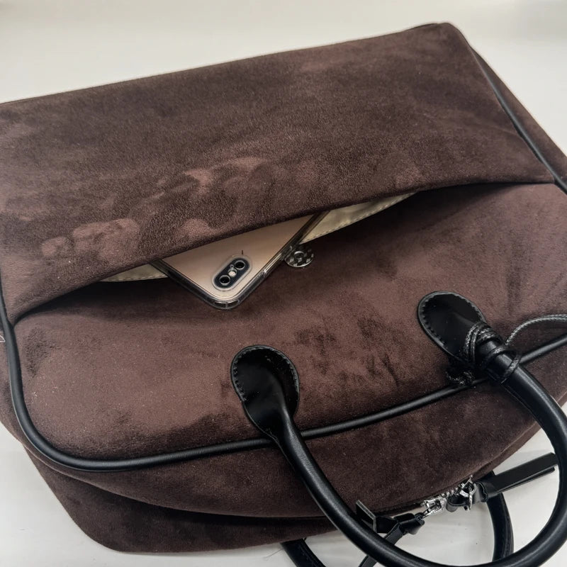 Faux Suede Taupe Retro Tote Bags for Women Solid Color Large Capacity Commuting Versatile Casual Shoulder Bag Classic Handbag