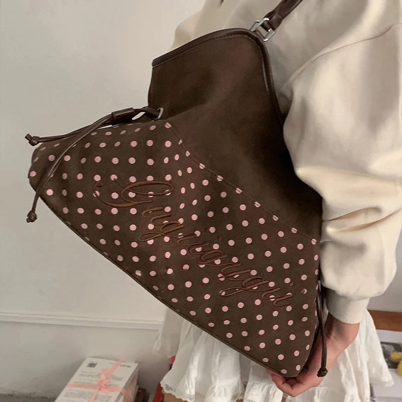 Polka Dot Suede Shoulder Bag Women Stylish Brown Slouchy Tote Drawstring Design Magnetic Buckle Underarm Bag With Star Pendant