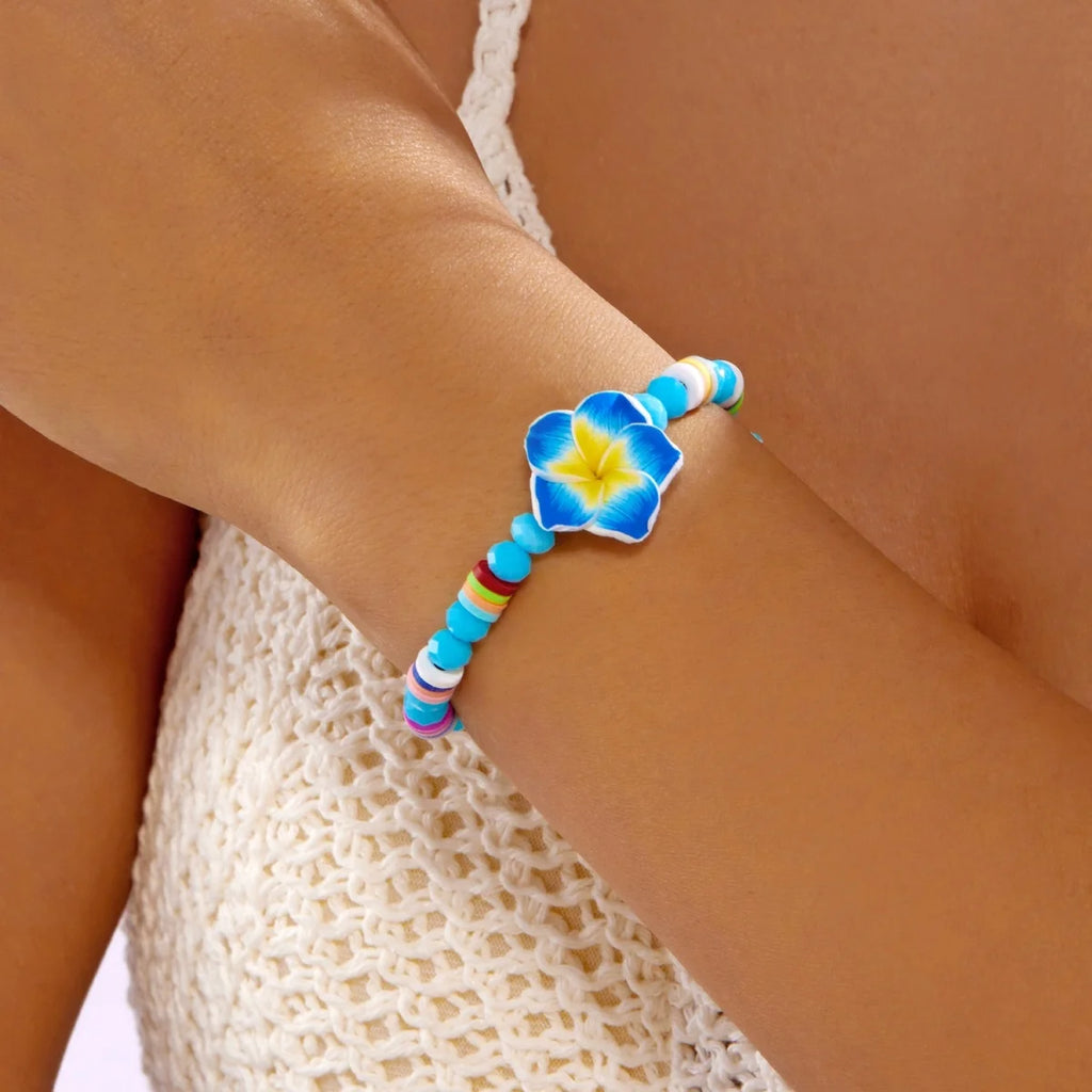 Crystal Beads Soft Polymer Clay Flower Bracelets For Women Men Bohemian Resin Floral Handmade Woven Bangles Summer Party Jewelry