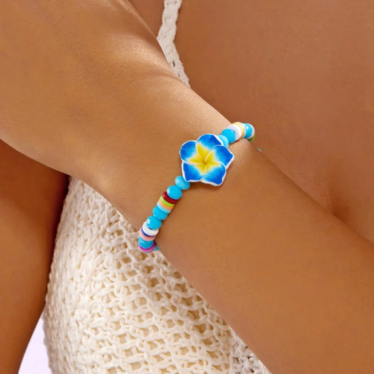Crystal Beads Soft Polymer Clay Flower Bracelets For Women Men Bohemian Resin Floral Handmade Woven Bangles Summer Party Jewelry