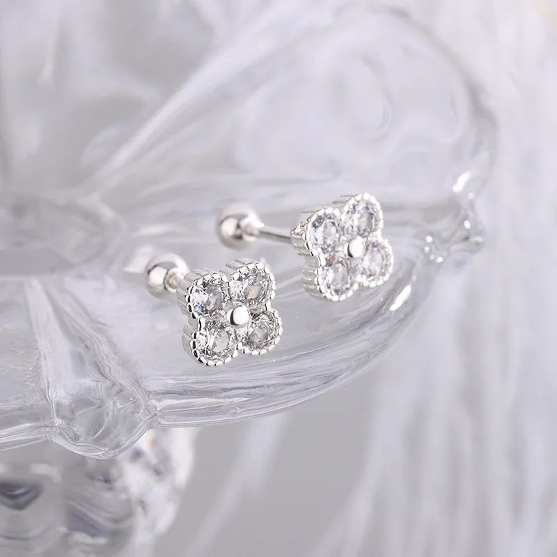 925 Sterling Silver Four Round Zircon Small Stud Earrings For Women Piercing Luxury Elegant High Fine Jewelry
