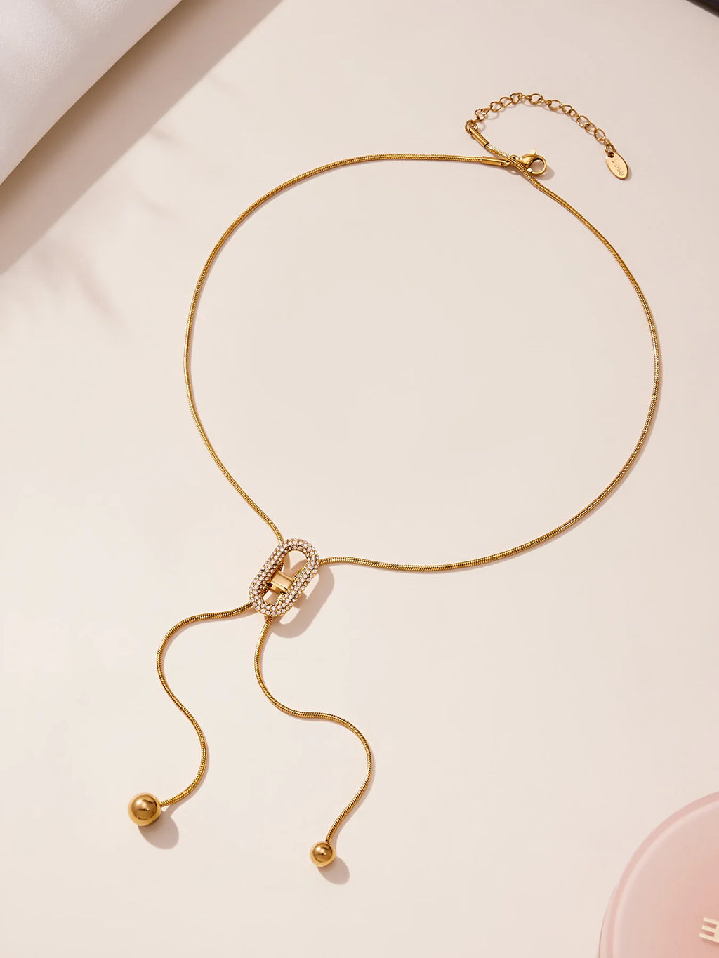 Ars 18K Gold Plated Y Necklace Stainless Steel Tassel Necklace Adjustable Oval Pendant Necklace Women's Zircon Lariat Necklaces
