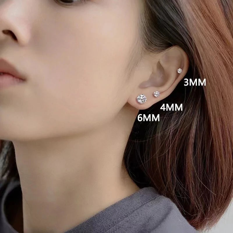 Real 925 Sterling Silver 3/4/5/6/7MM Round Sparkling Zircon Stud Earrings For Women Classic Fine Jewelry Geometric Accessories