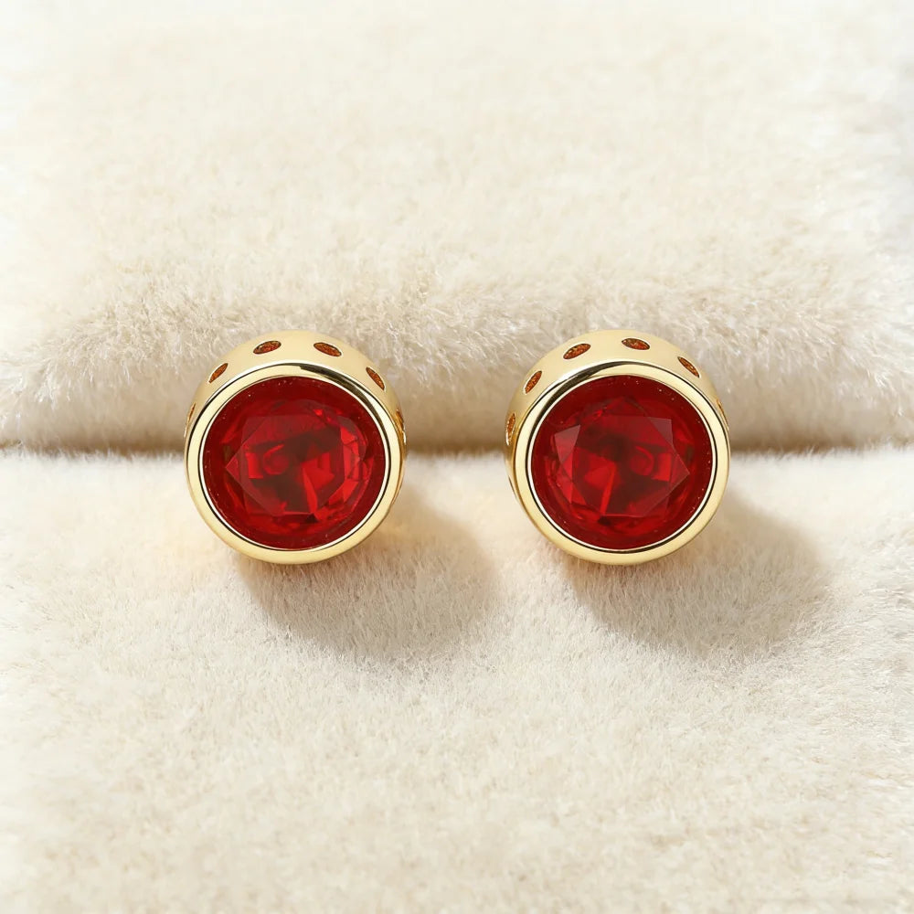 Red Zircon Round Stud Earrings For Women Men Gold Color Female Male Wedding Engagement Party Jewelry Mother Valentine Day Gifts
