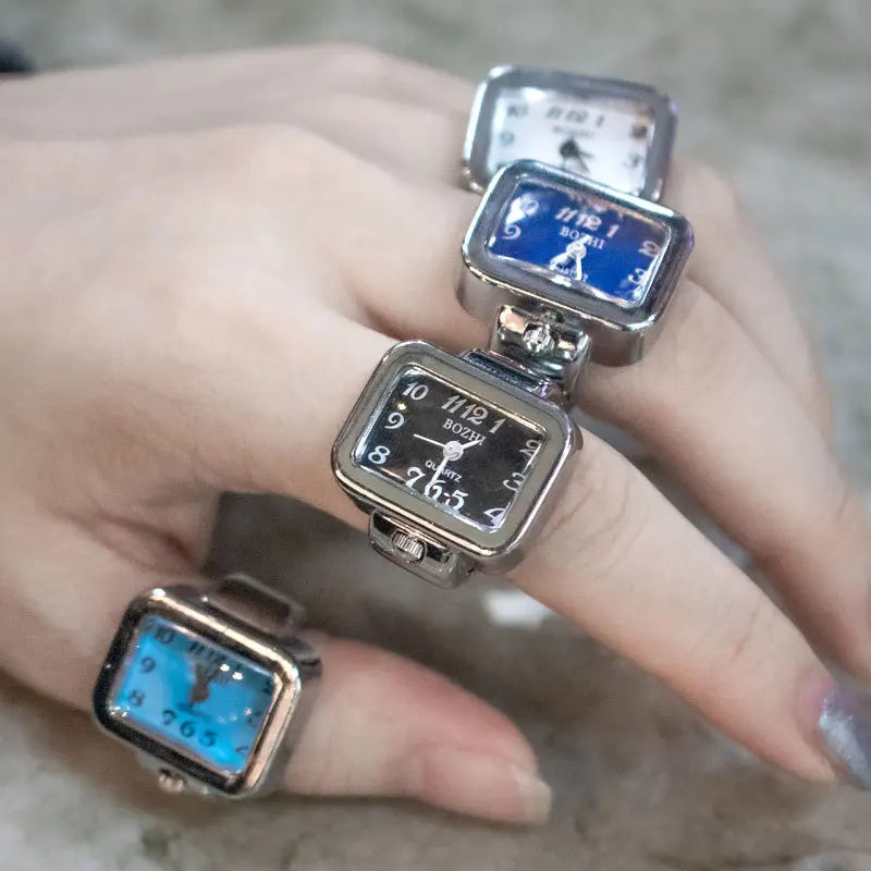 Fashion Adjustable Time Real Watch Rings for Men Women Square Dial Stainless Steel Punk Hiphop Jewelry Mini Battery Clock Gifts