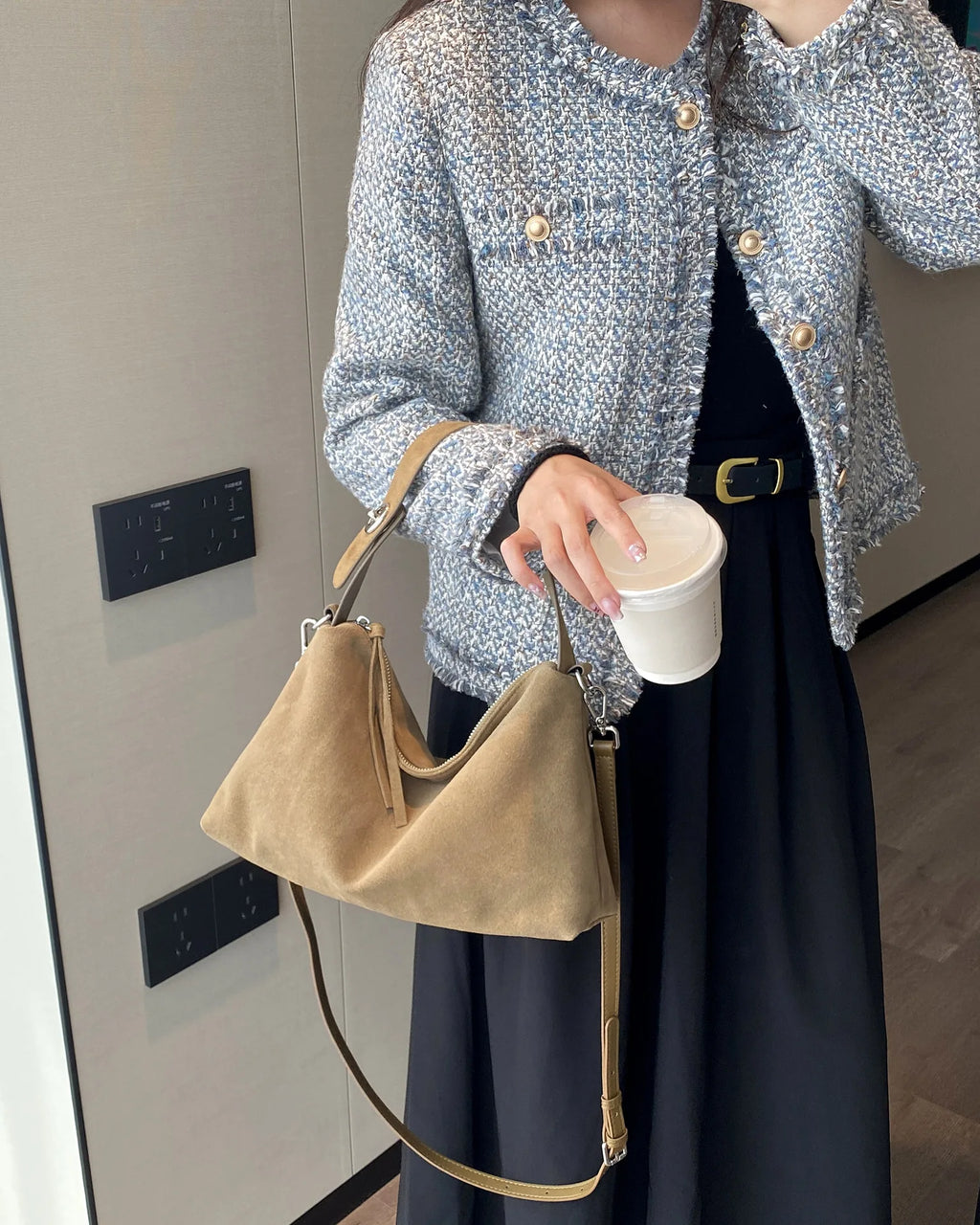 Genuine Grade Autumn Winter Big Boston Luxury Designer Tote Soft Matte Suede Leather Women Handbag Female Shoulder Crossbody Bag