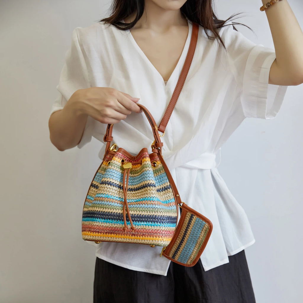 2 Pcs/set Bucket Design Crossbody Bag 2025 Boho Beach Shoulder Purses and Handbags Summer Colorful Straw Bolsa Feminina New