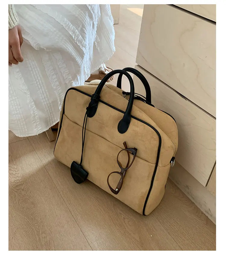 Faux Suede Taupe Retro Tote Bags for Women Solid Color Large Capacity Commuting Versatile Casual Shoulder Bag Classic Handbag