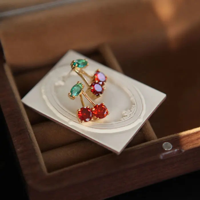2024 Red Zircon Cherry Leaf Stud Earrings Women Piercing Jewelry For Fashion Crystal Dangle Party Prom Birthday Wedding Gifts