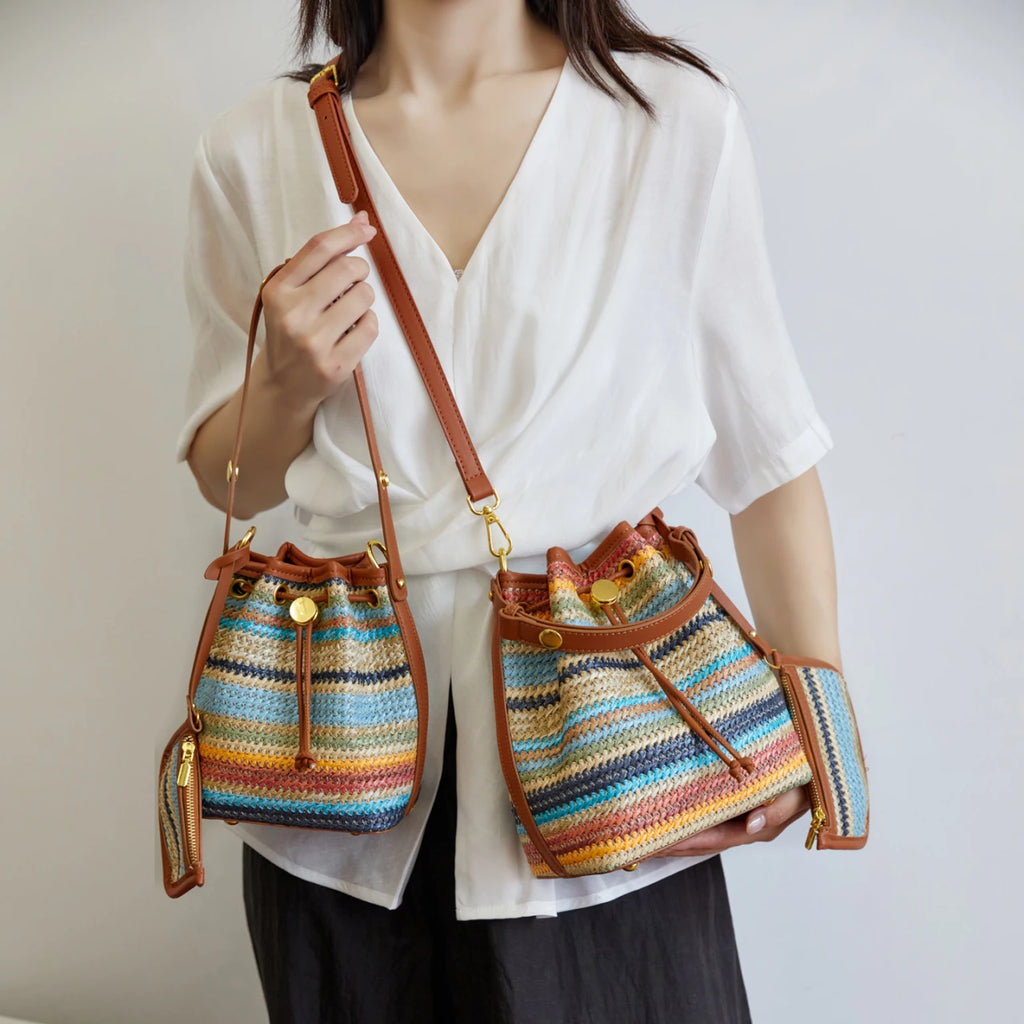 2 Pcs/set Bucket Design Crossbody Bag 2025 Boho Beach Shoulder Purses and Handbags Summer Colorful Straw Bolsa Feminina New