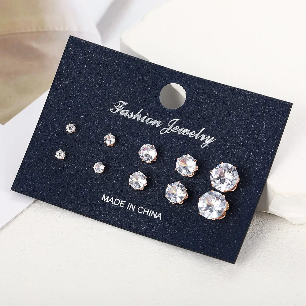 5 Pairs Zircon Stud Earrings Set For Women Men Fashion Gold Silver Color Earring Unisex Ear Piercings Jewelry Gift