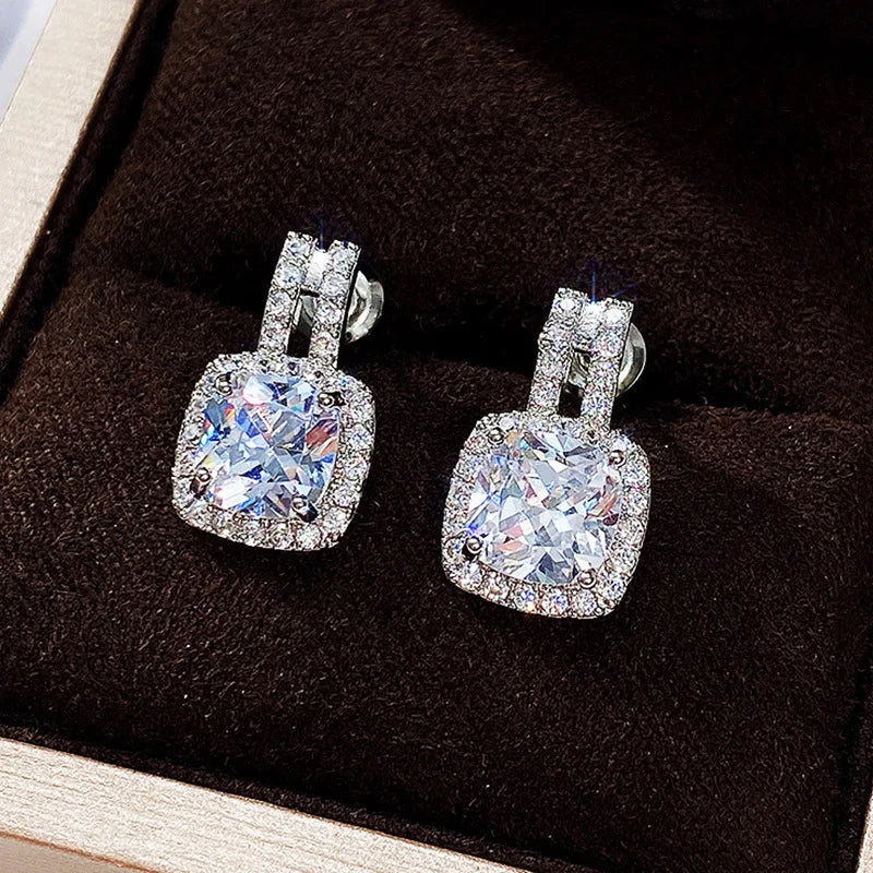 New Square Zircon 925 Sterling Silver Earrings for Women Wedding Stud Earrings Exquisite Bride Fashion Cute Jewelry