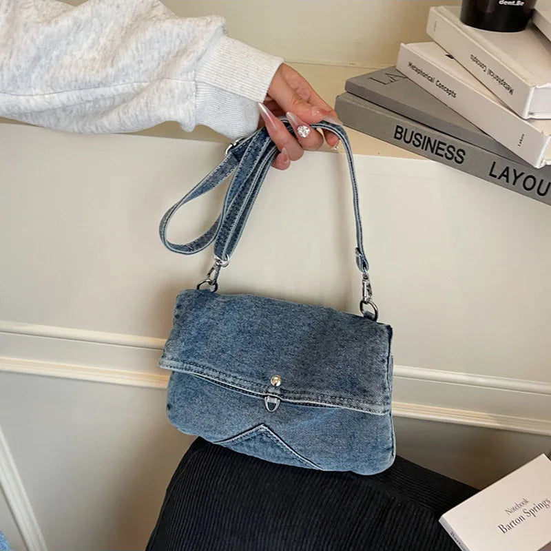 Summer Korean Style Denim Crossbody Bag Fashion Women'S Shoulder Bag Underarm Bag Small Square Bag Adjustable Shoulder Strap