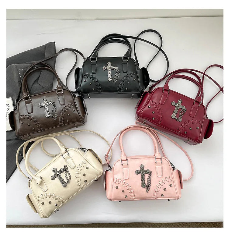 2026 Spring New Punk Gothic Cross Body Bag for Women Small Square Shoulder Bag with Metal Studs Cross Design Edgy Alternative