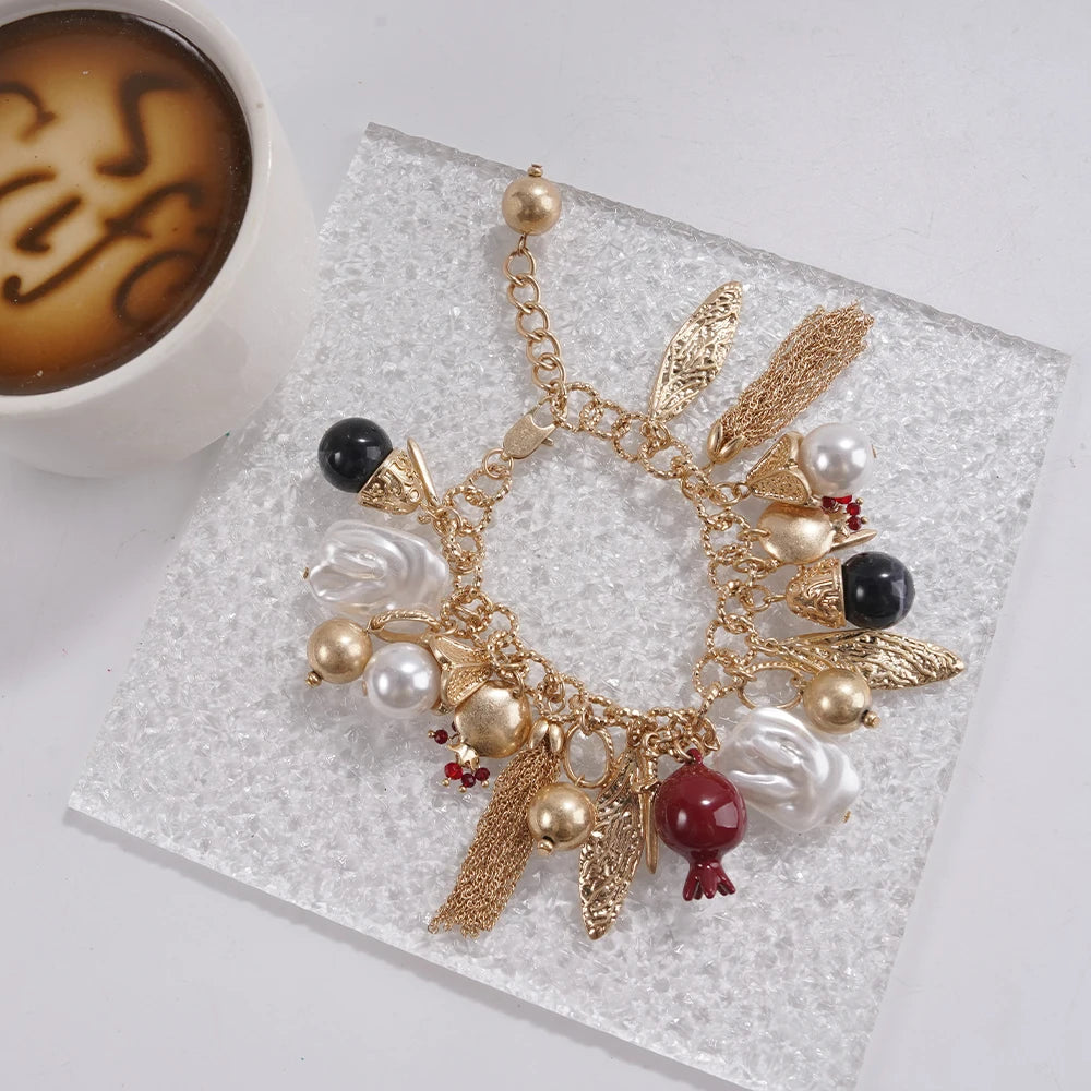 Eclectic Pomegranate Charm Bracelet Statement Accessory for Brunch Date Stylish Outfits Mixed Bead Bold Charm Jewelry