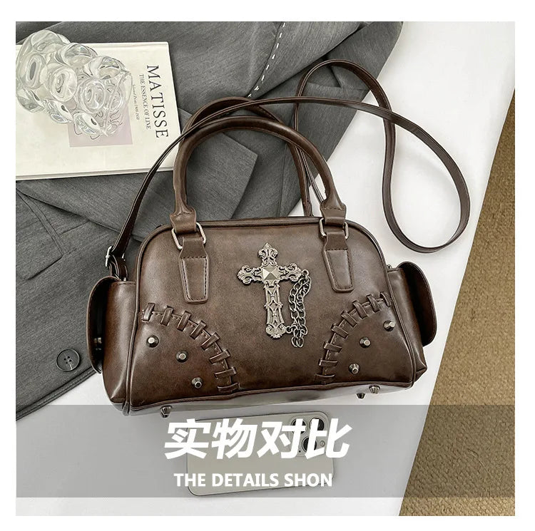 2026 Spring New Punk Gothic Cross Body Bag for Women Small Square Shoulder Bag with Metal Studs Cross Design Edgy Alternative