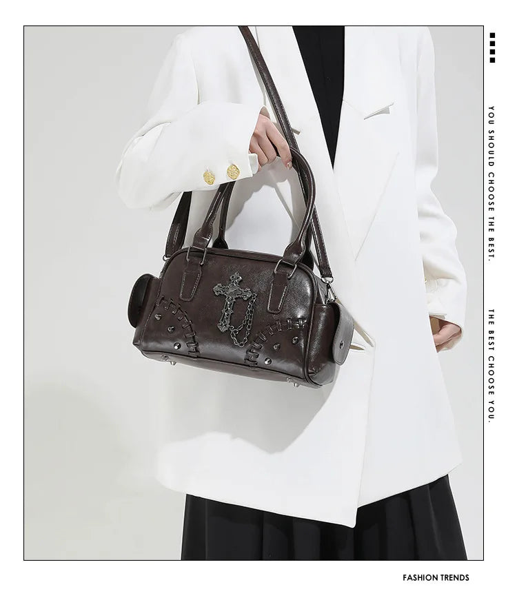 2026 Spring New Punk Gothic Cross Body Bag for Women Small Square Shoulder Bag with Metal Studs Cross Design Edgy Alternative
