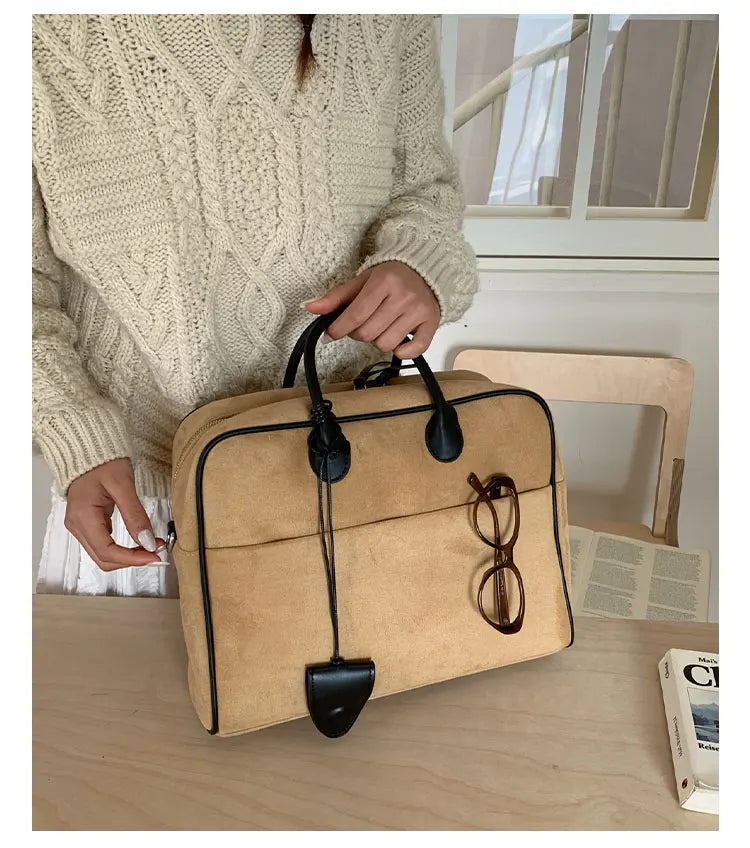 Faux Suede Taupe Retro Tote Bags for Women Solid Color Large Capacity Commuting Versatile Casual Shoulder Bag Classic Handbag