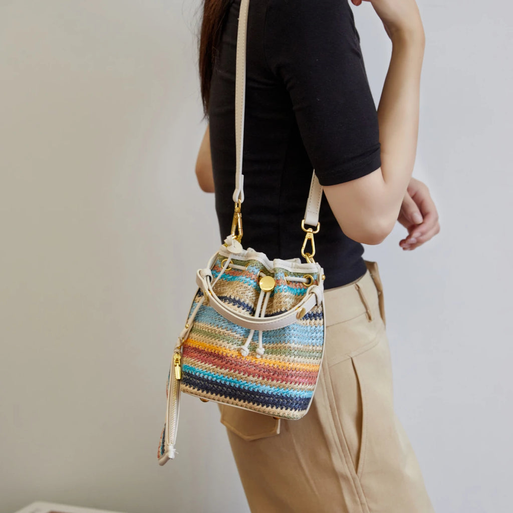 2 Pcs/set Bucket Design Crossbody Bag 2025 Boho Beach Shoulder Purses and Handbags Summer Colorful Straw Bolsa Feminina New
