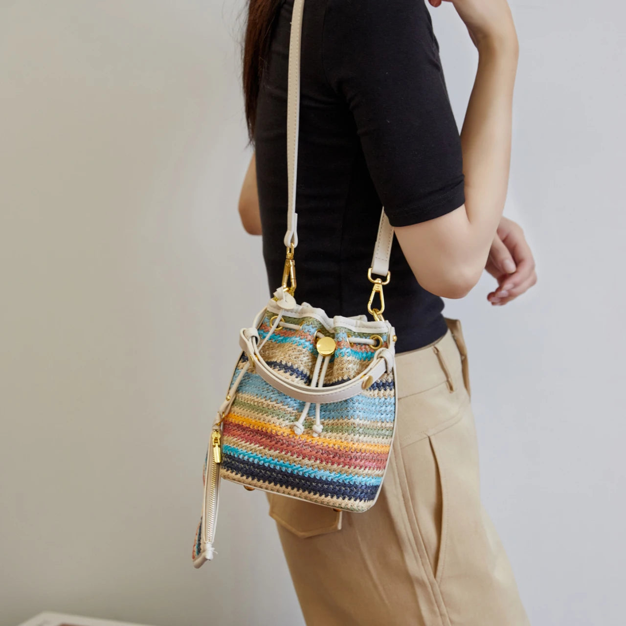 2 Pcs/set Bucket Design Crossbody Bag 2025 Boho Beach Shoulder Purses and Handbags Summer Colorful Straw Bolsa Feminina New