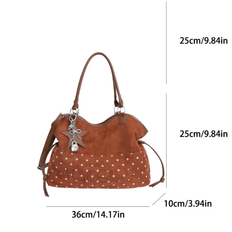 Polka Dot Suede Shoulder Bag Women Stylish Brown Slouchy Tote Drawstring Design Magnetic Buckle Underarm Bag With Star Pendant
