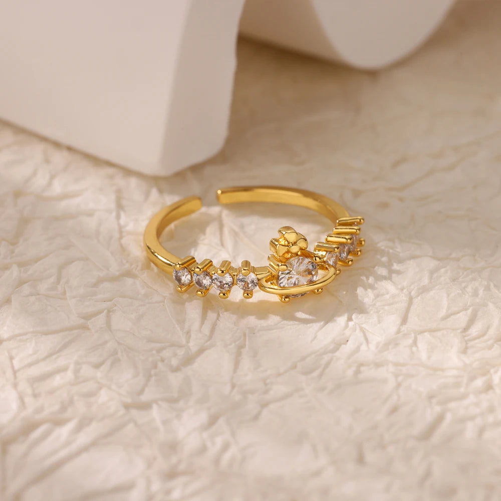 Luxury Zircon Round Rings For Women Gold Color Stainless Steel Open Ring Luxury Wedding Couple Aesthetic Jewerly Accessories