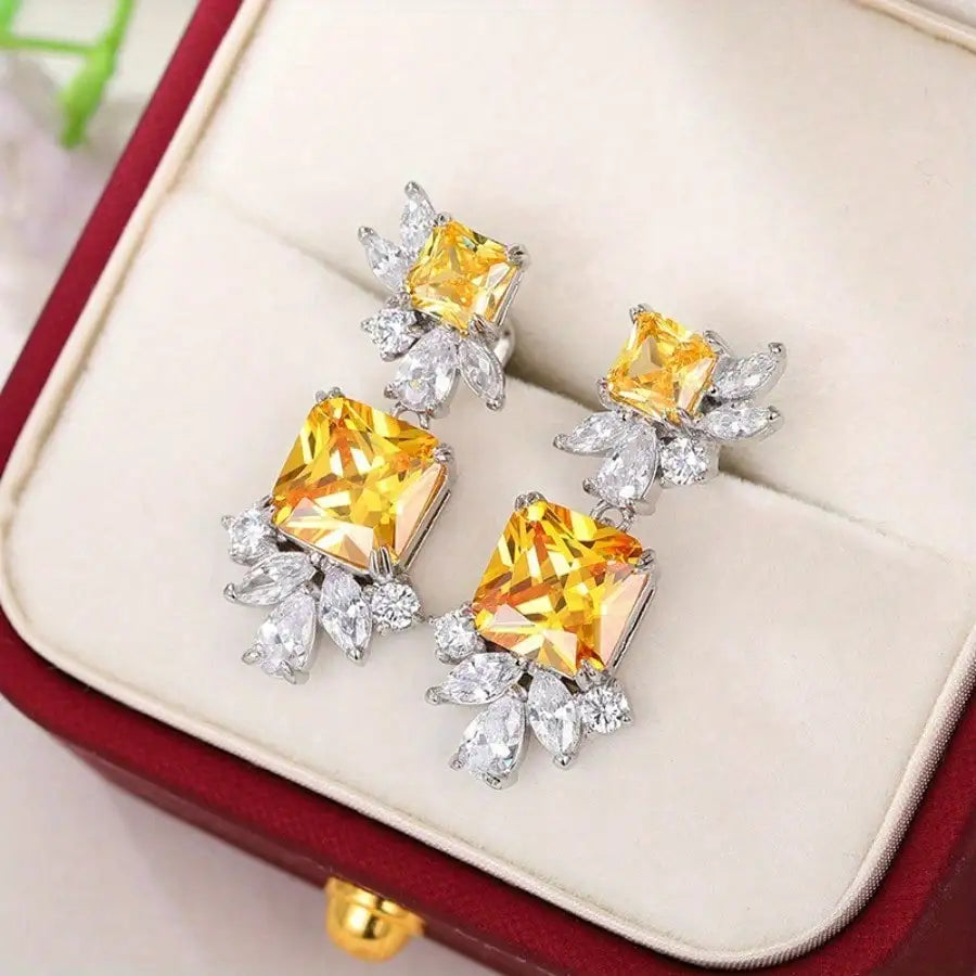 Simple Geometric Zircon Square Shape Stud Earrings Cute Shiny CZ Bride Bridesmaid Earring Jewelry