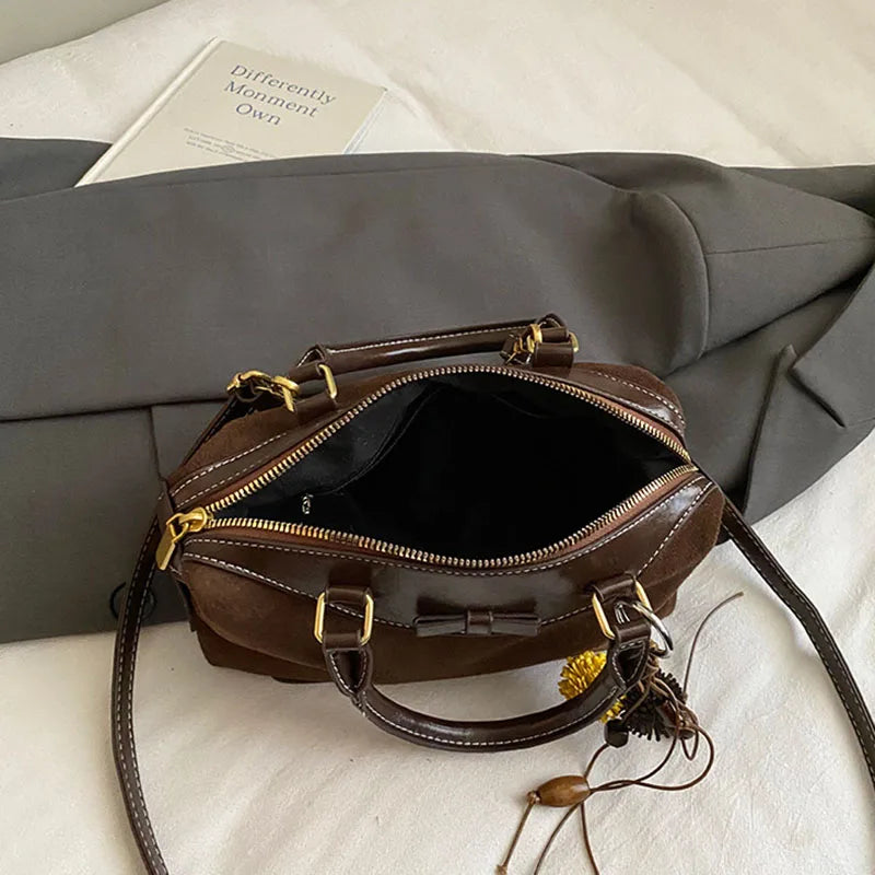 New Retro Frosted Tote Bag Boston Bag Pu Suede Women'S Shoulder Crossbody Bag Commuter Bag