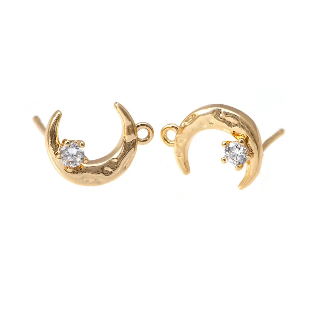 2 Pairs(1 Pair including 1 Sun and 1 Monn) 18K Gold Color Brass and Zircon Stud Earrings Pins Earrings High Quality Diy Making
