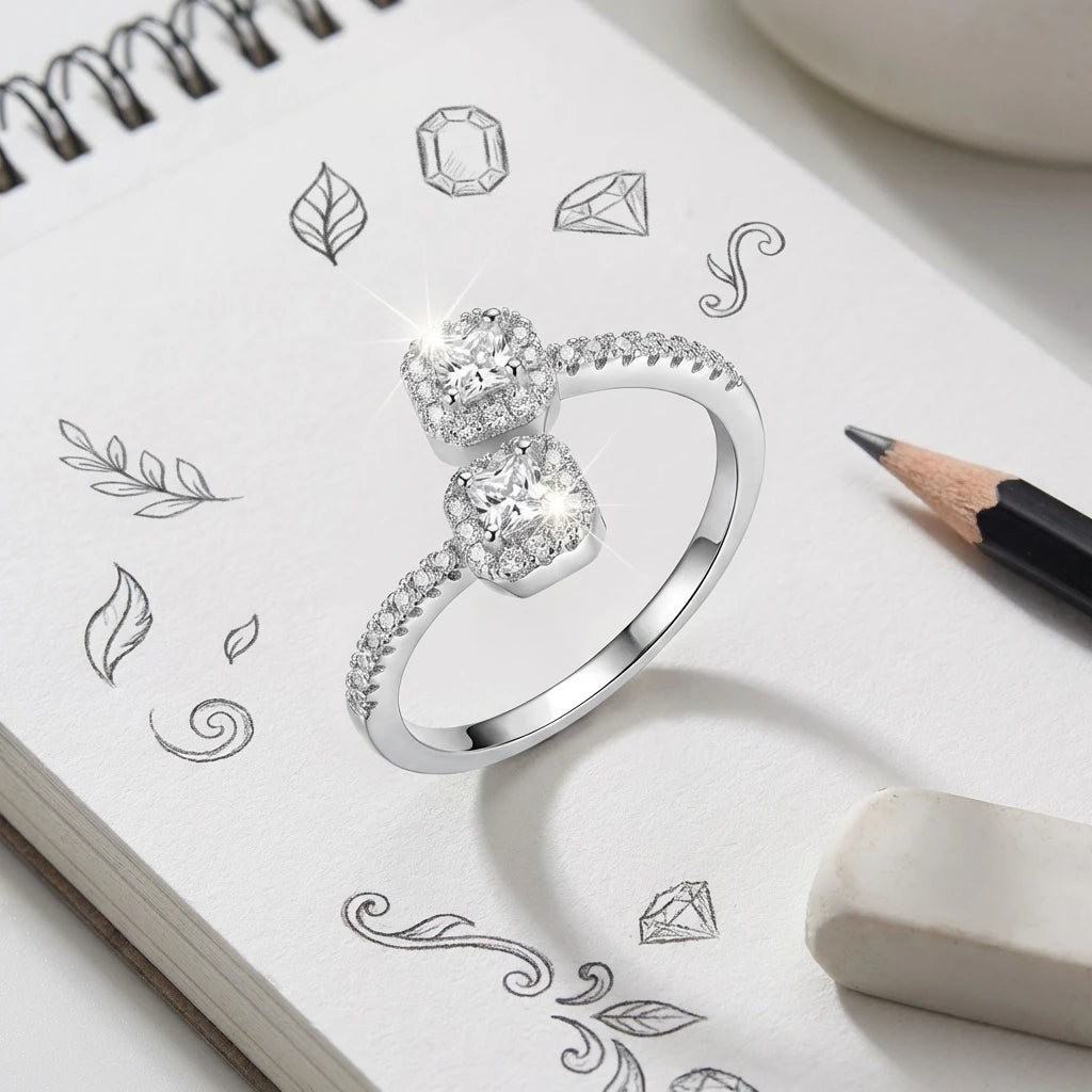 Creative Dual Head Square Copper Embedded Cubic Zirconia Open Ring for Women Elegant High-End Sensation Stylish Jewelry Gift