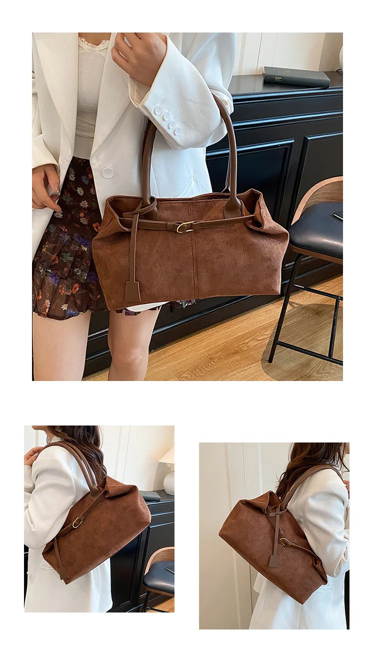 Belt Design Matte Leather Women's Tote Shoulder Bag Suede Velvet Female Underarm Bags Large Capacity Ladies Work Handbags Purse