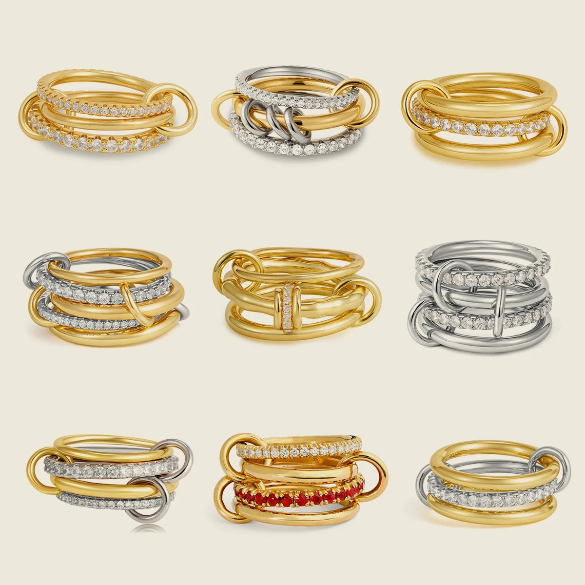 Luxury Cubic Zirconia Gold Plating Multilayer Connecting Rings for Women Fashion Mixed Color Stackable Finger Ring Party Jewelry