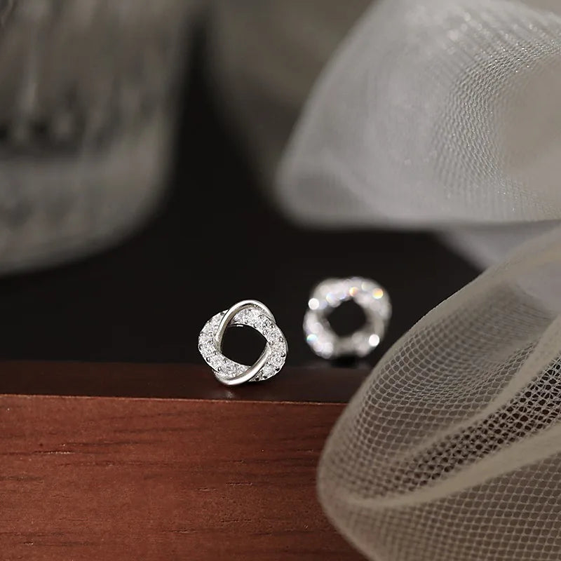 Shiny Trendy Sterling Silver Inlaid Tiny Zircon Hollowed-out Circular Stud Earrings for Woman Geometry Line Enwind Jewelry Gifts