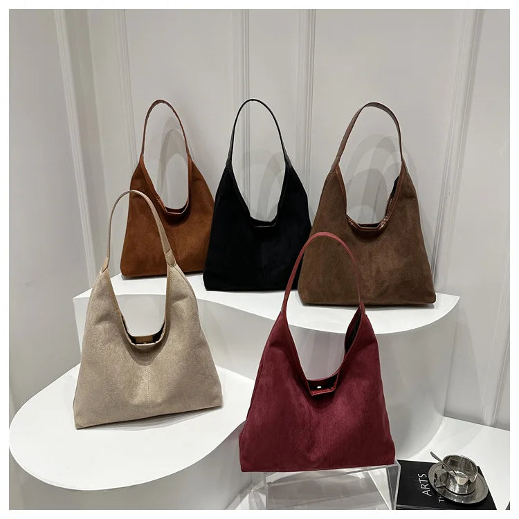 Vintage Faux Suede Tote Bags for Women Large Capacity Shoulder Ladies Underarm Bag Casual Simple Commuter Female Handbags