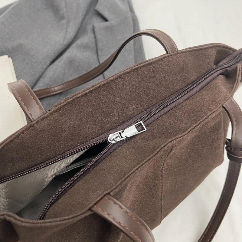 Suede Shoulder Bags for Women Large Capacity Totes Lightweight Underarm Bag Casual Shopper Handbag Solid Color Travel Bucket Bag